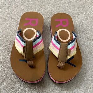 Roxy Brown Slide Sandals with Pink, Yellow & Navy Stripes